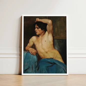 Study of a Semi Nude Male - Edouard Joseph Dantan Art Print / Canvas Framed Classical-style Painting Figure Dark Hair, Set, Umber Wall