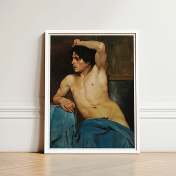 Study of a Semi Nude Male - Edouard Joseph Dantan Art Print / Canvas Framed Classical Painting Figure Dark Hair, Set, Umber Wall Prints