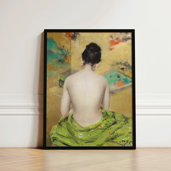 Study of Flesh and Gold - William Merritt Chase Art Print / Canvas Framed Painting Woman Vibrant Green Draped Garment Abstract, Enigmatic