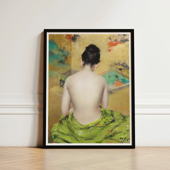 Study of Flesh and Gold - William Merritt Chase Art Print / Canvas Framed Painting Woman Vibrant Green Fabric Subtle Patterns, Enigmatic