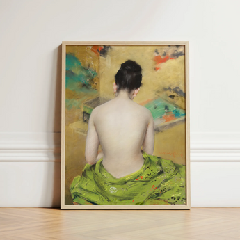 Study of Flesh and Gold - William Merritt Chase Art Print / Canvas Framed Painting Woman Vibrant Green Fabric Draped Lap, Enigmatic Allure,