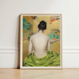 Study of Flesh and Gold - William Merritt Chase Art Print / Canvas Framed Painting Woman Vibrant Green Fabric Subtle Floral, Enigmatic