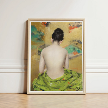 Study of Flesh and Gold - William Merritt Chase Art Print / Canvas Framed Painting Woman Vibrant Green Fabric Subtle Floral, Enigmatic