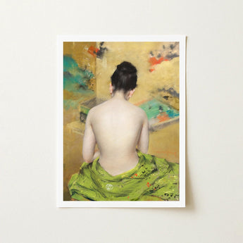 Study of Flesh and Gold - William Merritt Chase Art Print / Canvas Framed Woman Vibrant Green Fabric Seated, Enigmatic Allure, Chase’s