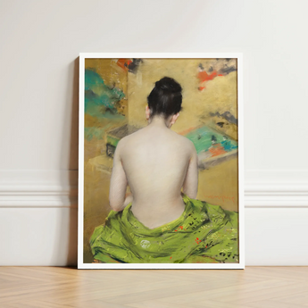 Study of Flesh and Gold - William Merritt Chase Art Print / Canvas Framed Painting Woman Vibrant Green Garment Subtle Floral, Enigmatic