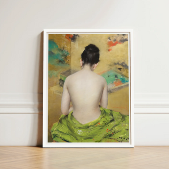 Study of Flesh and Gold - William Merritt Chase Art Print / Canvas Framed Painting Woman Vibrant Green Patterned Garment Abstract,