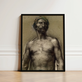 Study of Naked Man at the Turban - Georges Desvallieres Art Print / Canvas Black-framed Artwork Muscular Shirtless Headwrap Sepia-toned