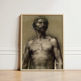 Study of Naked Man at the Turban - Georges Desvallieres Art Print / Canvas Framed Charcoal Sketch Muscular Bare-chested Headwrap Torso