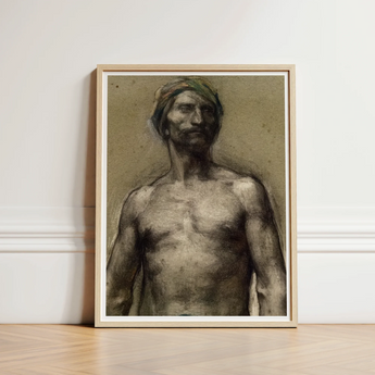Study of Naked Man at the Turban - Georges Desvallieres Art Print / Canvas Framed Charcoal Sketch Muscular Green Headscarf Rendered Torso