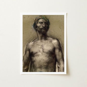 Study of Naked Man at the Turban - Georges Desvallieres Art Print / Canvas Framed Charcoal Sketch Muscular Bare-chested Headwrap Torso