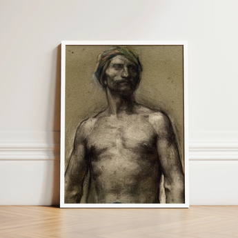 Study of Naked Man at the Turban - Georges Desvallieres Art Print / Canvas Framed Charcoal Sketch Muscular Bare-chested Headwrap Beard