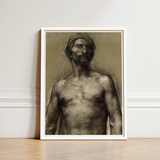 Study of Naked Man at the Turban - Georges Desvallieres Art Print / Canvas Framed Charcoal Sketch Muscular Bare-chested Headwrap Torso