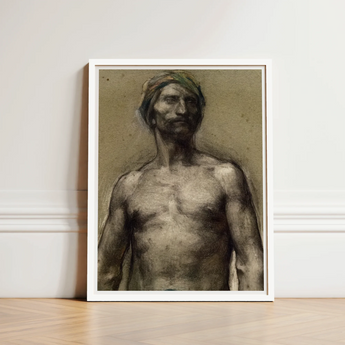 Study of Naked Man at the Turban - Georges Desvallieres Art Print / Canvas Framed Charcoal Sketch Muscular Bare-chested Headwrap Torso