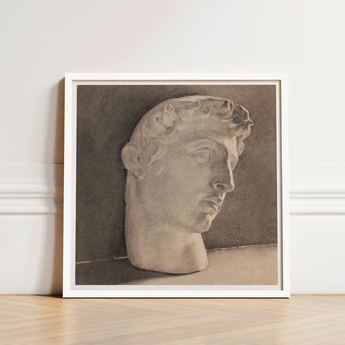 Framed Charcoal Sketch Classical Marble Bust Detailed Curls Plaster Head, Jan Veth’s Study, Opens, Chalk-white Highlight Tracing, Surface