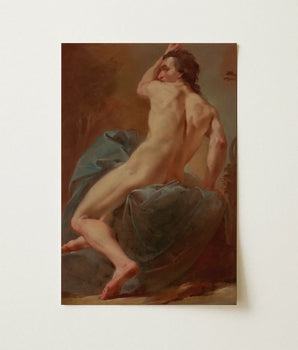 Rectangular Framed Classical Painting Nude Male Figure Warm Seated, Seizes, Italian Baroque Body, Mid-coil, Anatomical Draftsmanship