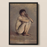 Study of a Seated Nude Young Man - Laszlo Mednyanszky Art Print / Canvas, 12x18’’ / 31x46cm / Black Frame, Posters Prints & Visual Artwork,