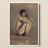 Study of a Seated Nude Young Man - Laszlo Mednyanszky Art Print / Canvas Framed Painting Nude Male Figure Earthy Tones Rendered Young Man,