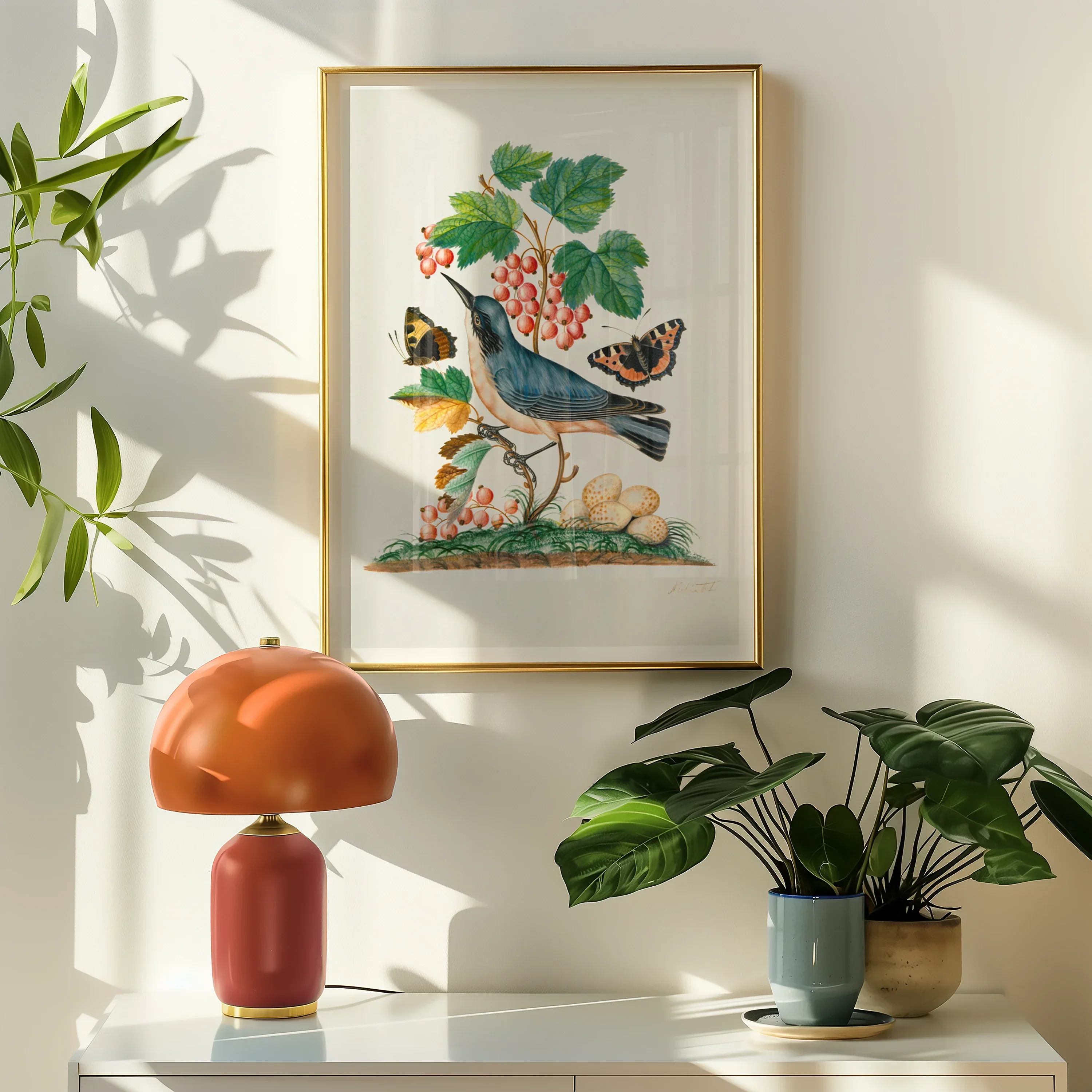 Subalpine Warbler Red Admiral Wasp Cocoon and Ants James Bolton Art Print, Framed Botanical Artwork Bird Plants
