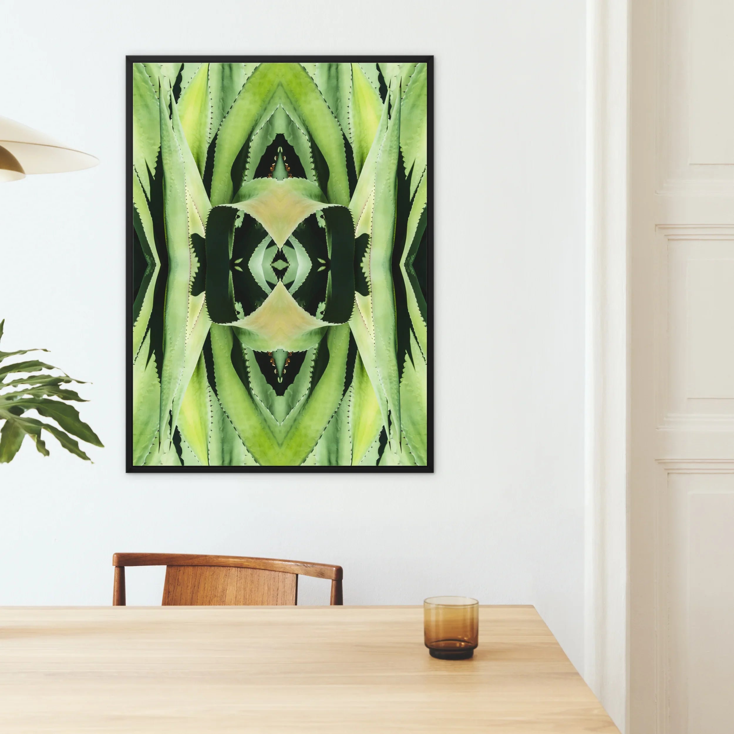 Oh so Succulent - Trippy Botanical Framed Canvas, Framed Abstract Art Piece Symmetrical Green Patterns Black
