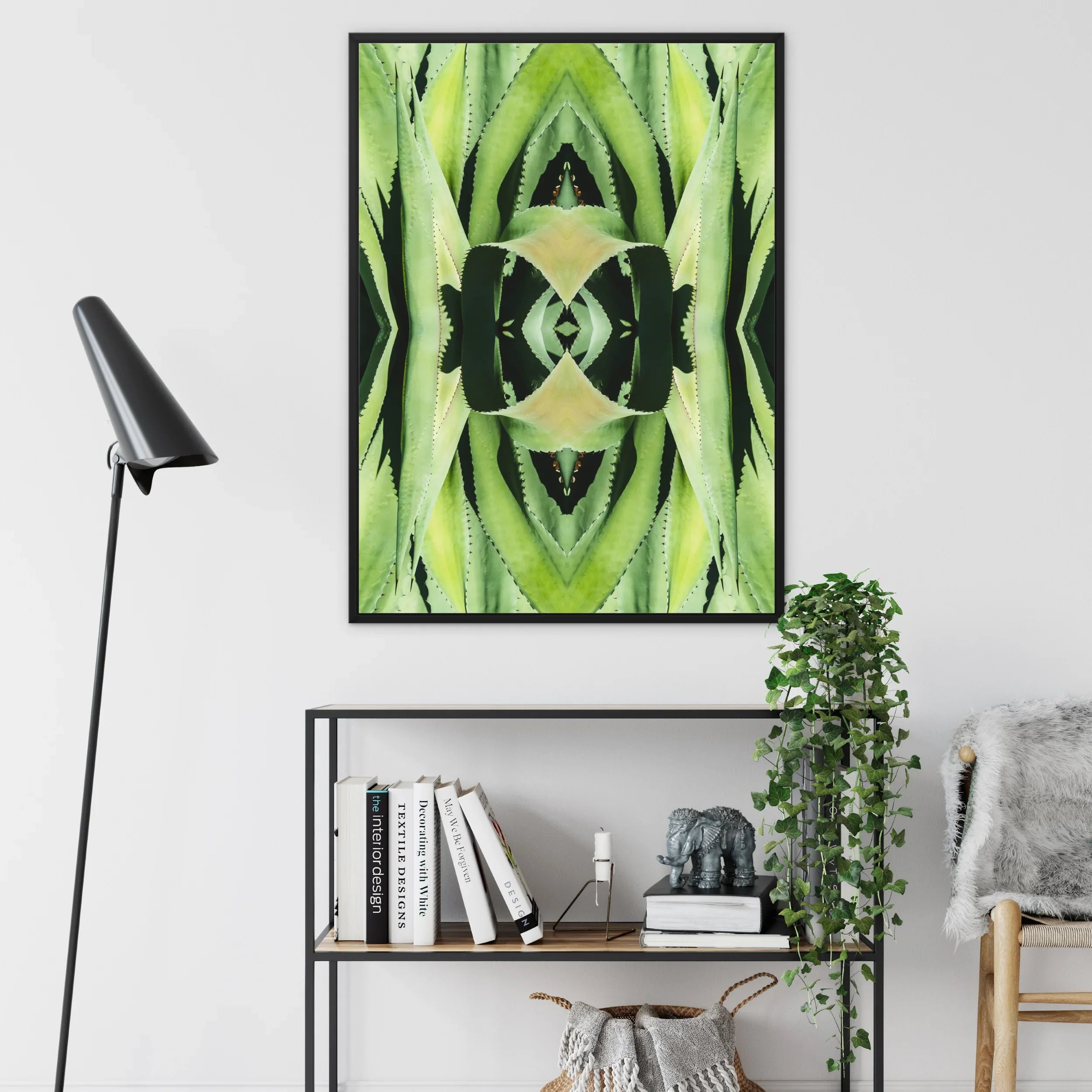 Oh so Succulent - Trippy Botanical Framed Canvas, Abstract Green Black Geometric Art Print Symmetrical Patterns