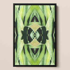 Oh so Succulent - Trippy Botanical Framed Canvas, Abstract Symmetrical Pattern Stylized Plant Insect Shades Green