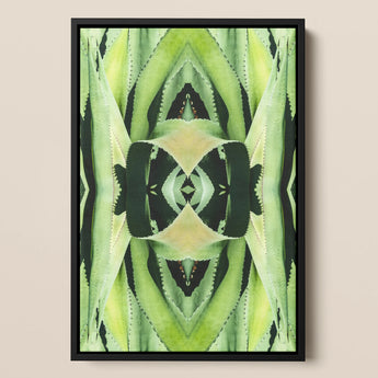 Oh so Succulent - Trippy Botanical Framed Canvas, Abstract Symmetrical Pattern Stylized Plant Insect Shades Green