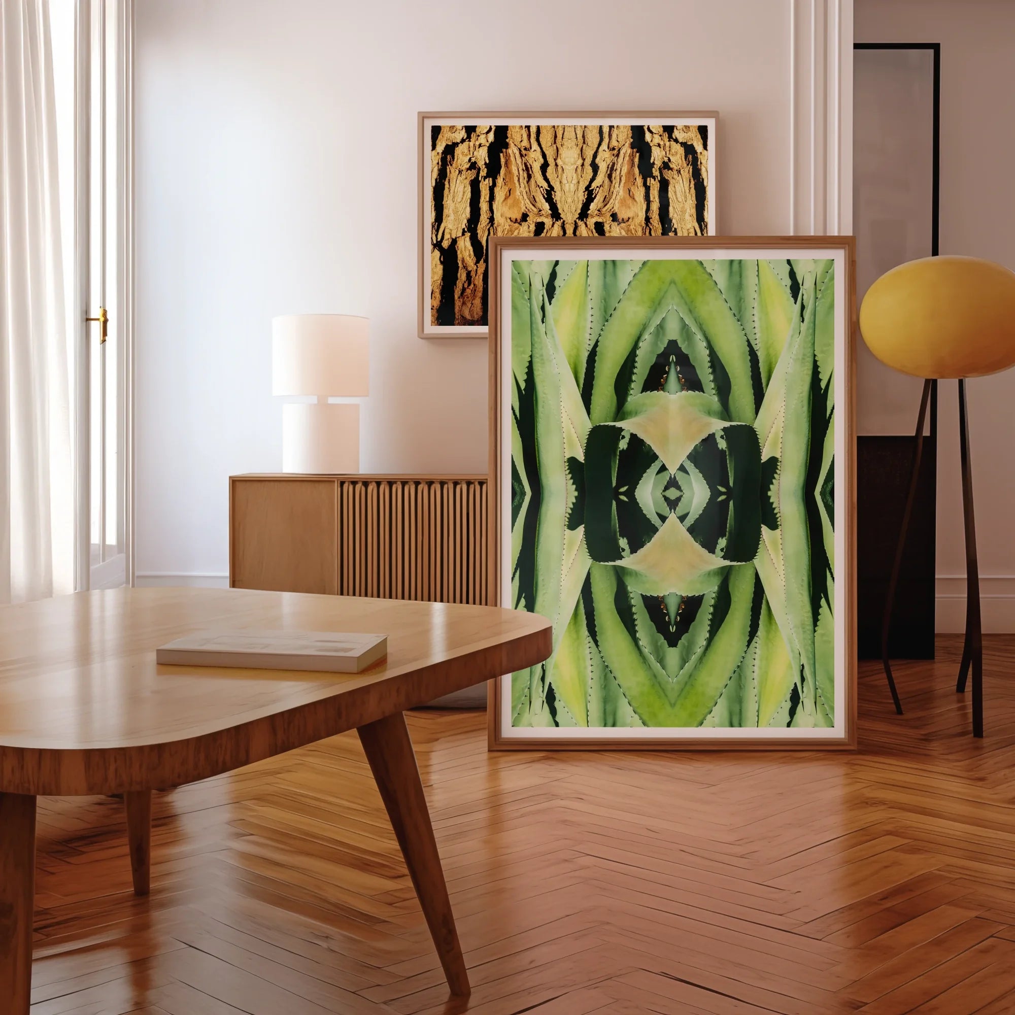 Oh so Succulent - Trippy Botanical Op Art Print, Abstract Green Black Artwork Wooden Frame Wall