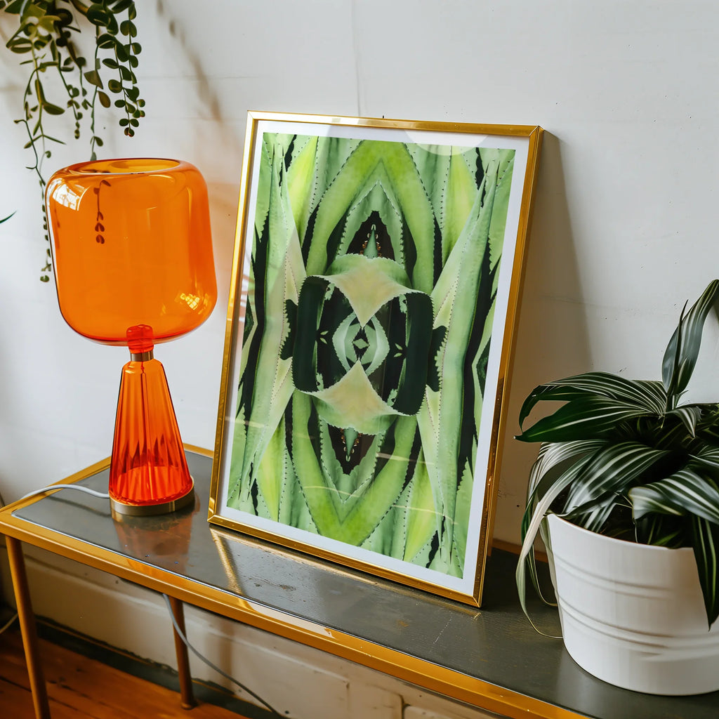 Framed abstract botanical op art print featuring a trippy tree trunk design