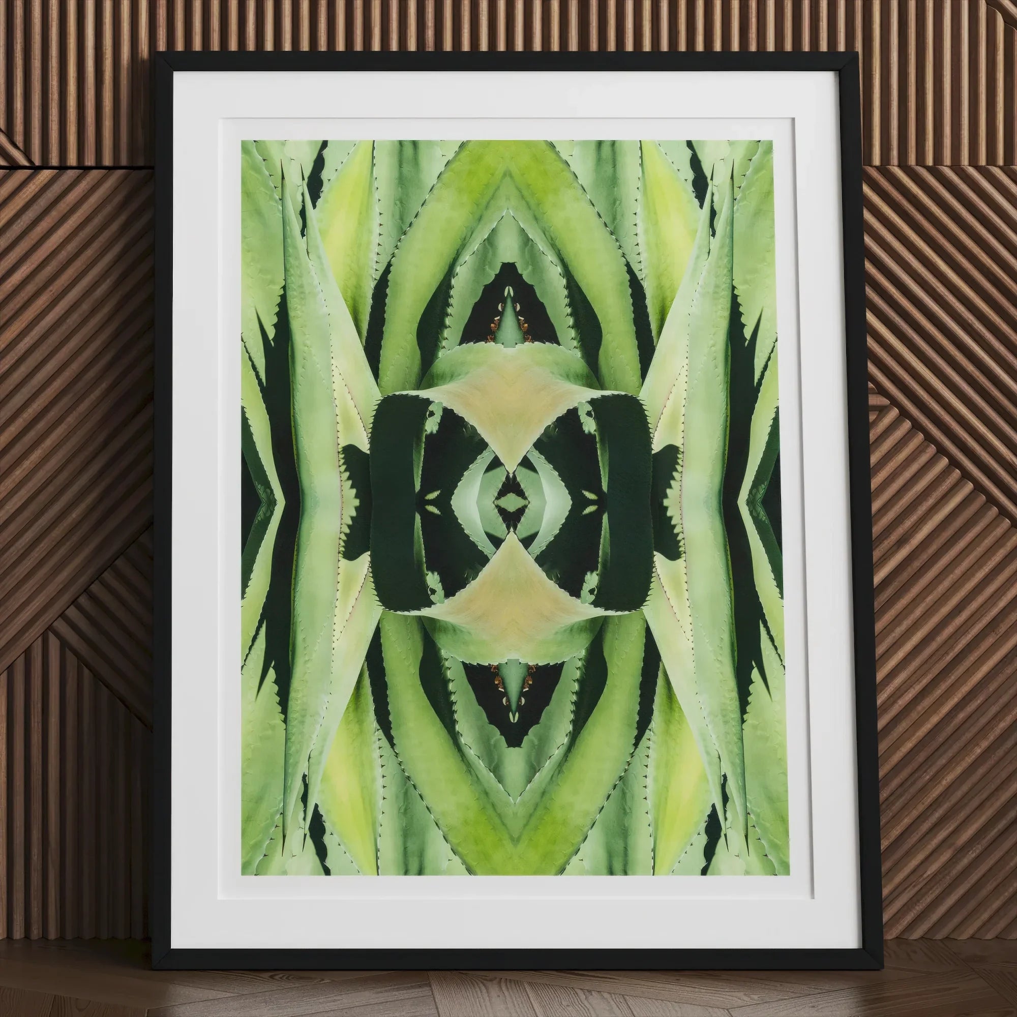 Oh so Succulent - Trippy Botanical Op Art Print, Framed Abstract Art Print Symmetrical Green Pattern Stylized