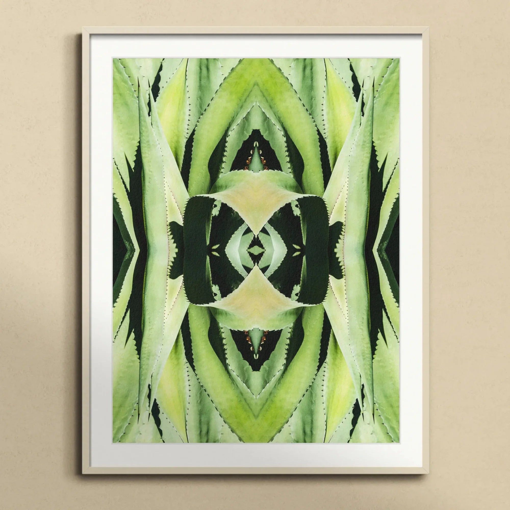 Oh so Succulent - Trippy Botanical Op Art Print, Symmetrical Green Kaleidoscopic Pattern Geometric Shapes White Frame