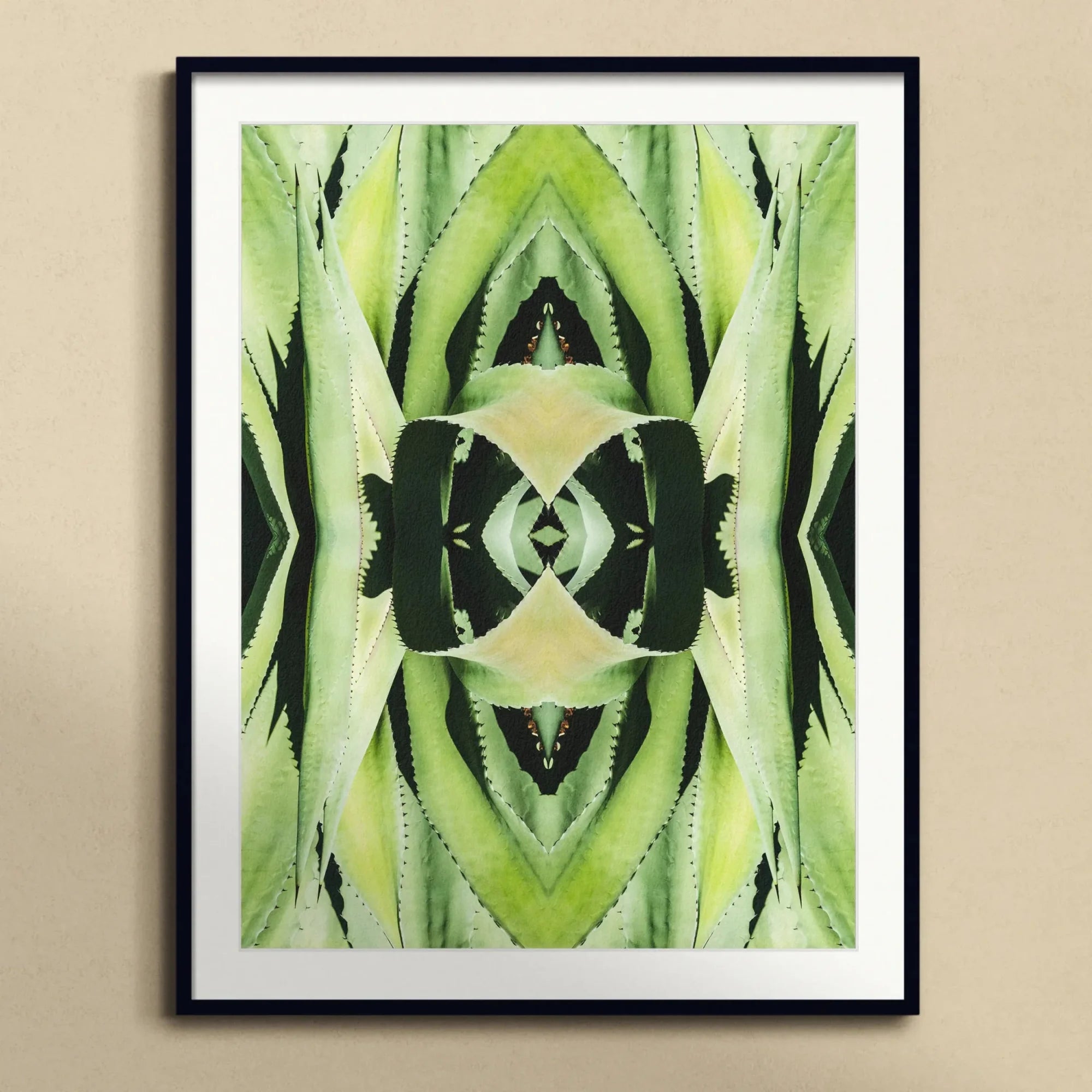 Oh so Succulent - Trippy Botanical Op Art Print, Symmetrical Green Kaleidoscopic Pattern Mirrored Plant Leaves