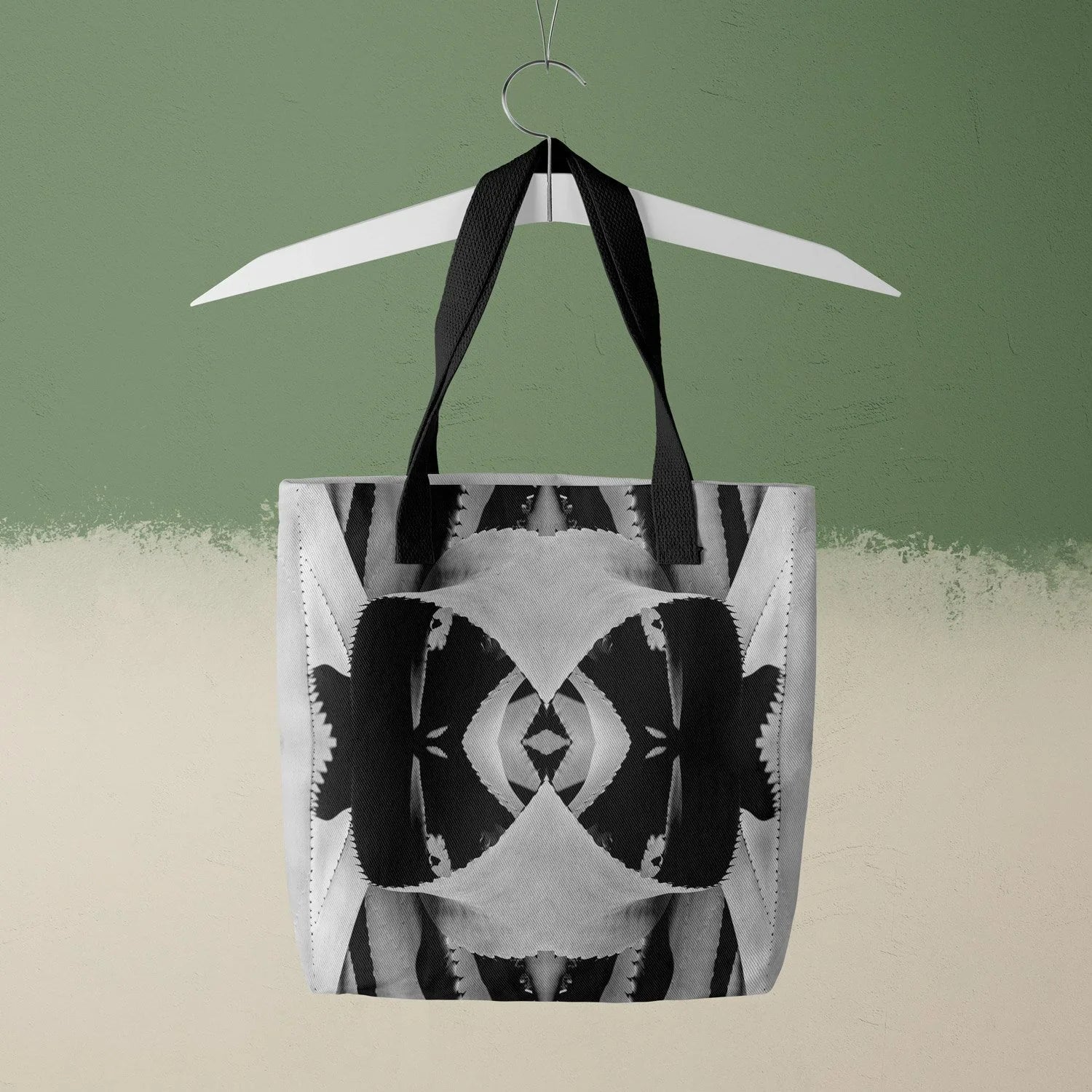 Oh so Succulent - Trippy Modern Botanical Shopping Tote, Tote Bag Abstract Black White Design Clothes Hanger