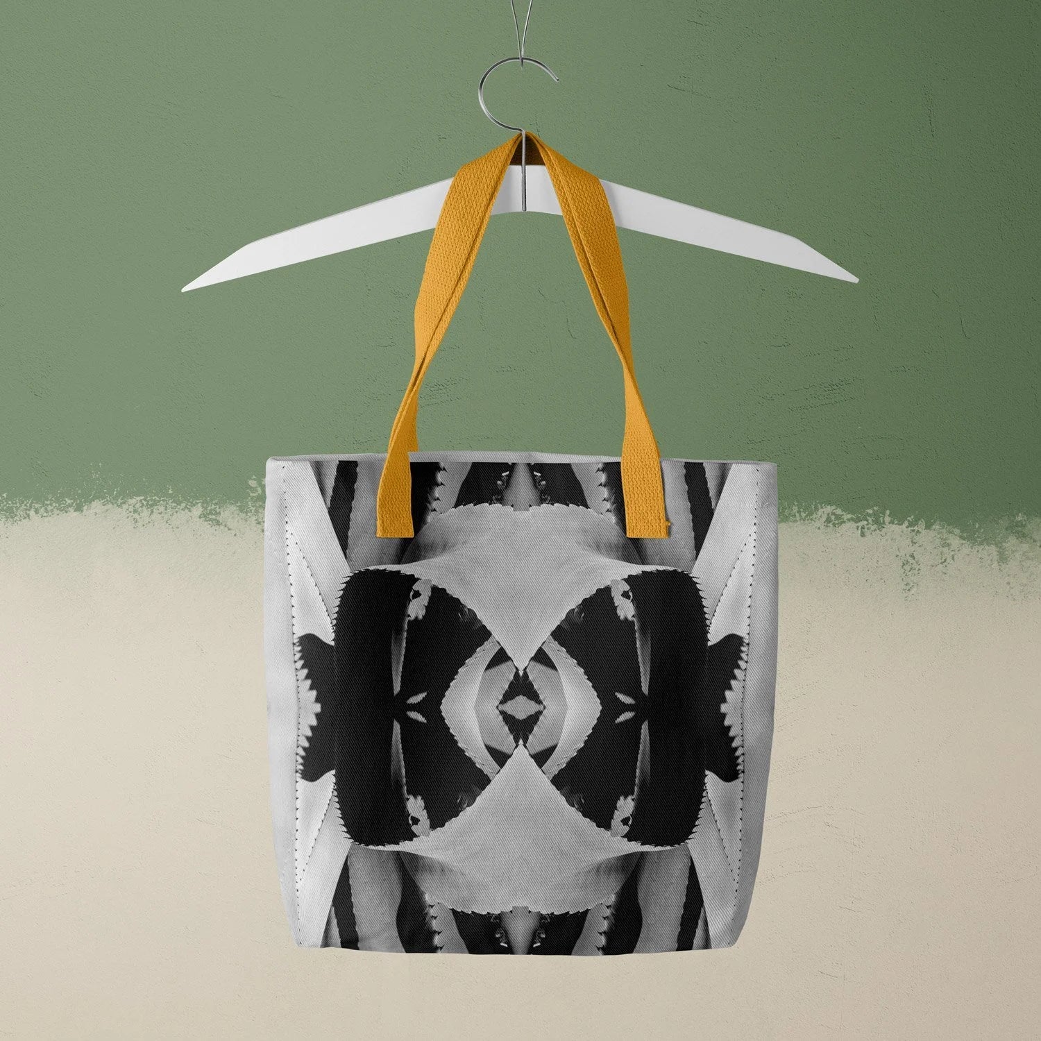 Oh so Succulent - Trippy Modern Botanical Shopping Tote, Yellow Handles, Ohsoandw-yellow, Tote Bag Black White Abstract