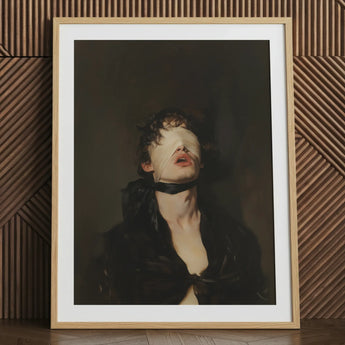 Neo-Victorian BDSM art print, framed, with a blindfolded man.