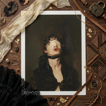 Suck it Up - Neo-victorian Gay Bdsm Art Print / Canvas Framed Portrait Person Eyes Covered White Tape Black, Surrender Wrapped, Prints