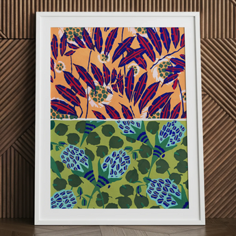 E.A. Séguy art print, floral patterns in orange and green, framed.