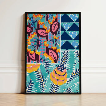 Vibrant Framed Art Print Patchwork Design Bold Floral, Roaring Twenties, Suggestions Pour
