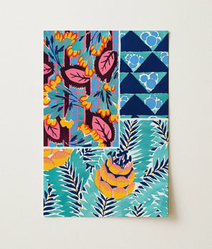 Vibrant Patchwork-style Illustrated Art Print Bold Floral Geometric, Roaring Twenties, Suggestions Pour