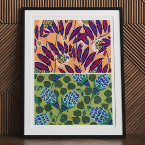 Suggestions Pour étoffes et Tapis - E. A. Séguy Art Print, Framed Artwork Two Colorful Floral Patterns Purple Orange