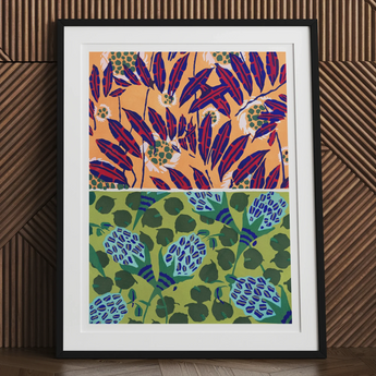 Suggestions Pour étoffes et Tapis - E. A. Séguy Art Print, Framed Artwork Two Colorful Floral Patterns Purple Orange