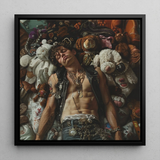Suite Dreams - Trashy Queercore Punk Art Framed Canvas, 12x12’’ / 31x31cm / Black Floating Frame, Framed Painting Man Surrounded Toys
