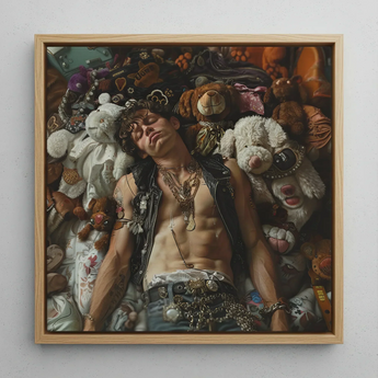 Suite Dreams - Trashy Queercore Punk Art Framed Canvas, 12x12’’ / 31x31cm / Natural Floating Frame, Framed Painting Person Amongst Stuffed