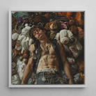 Suite Dreams Trashy Queercore Punk Art Framed Canvas, 12x12’’ / 31x31cm / White Floating Frame, Framed Painting Man Amidst Stuffed Animals