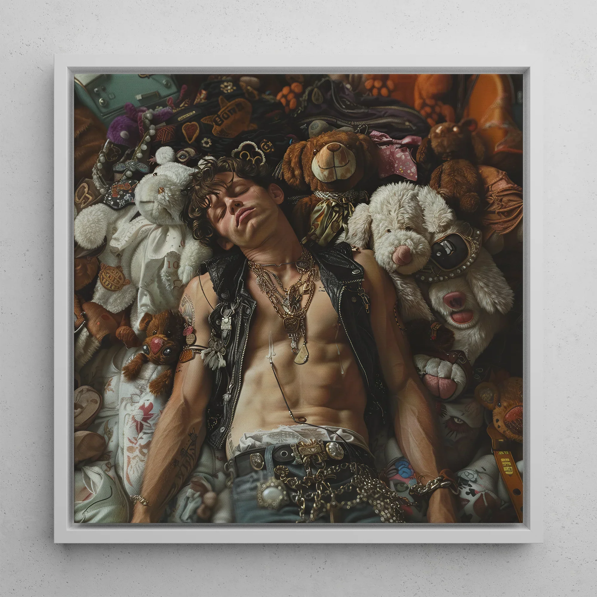 Suite Dreams Trashy Queercore Punk Art Framed Canvas, 12x12’’ / 31x31cm / White Floating Frame, Framed Painting Man Amidst Stuffed Animals