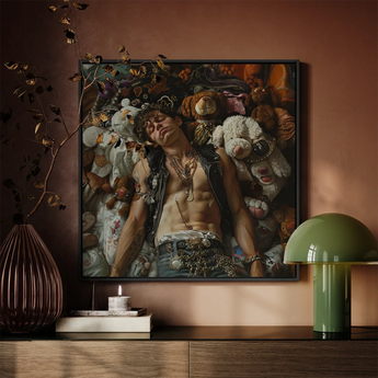 Suite Dreams - Trashy Queercore Punk Art Framed Canvas, Framed Painting Man Surrounded Stuffed Animals