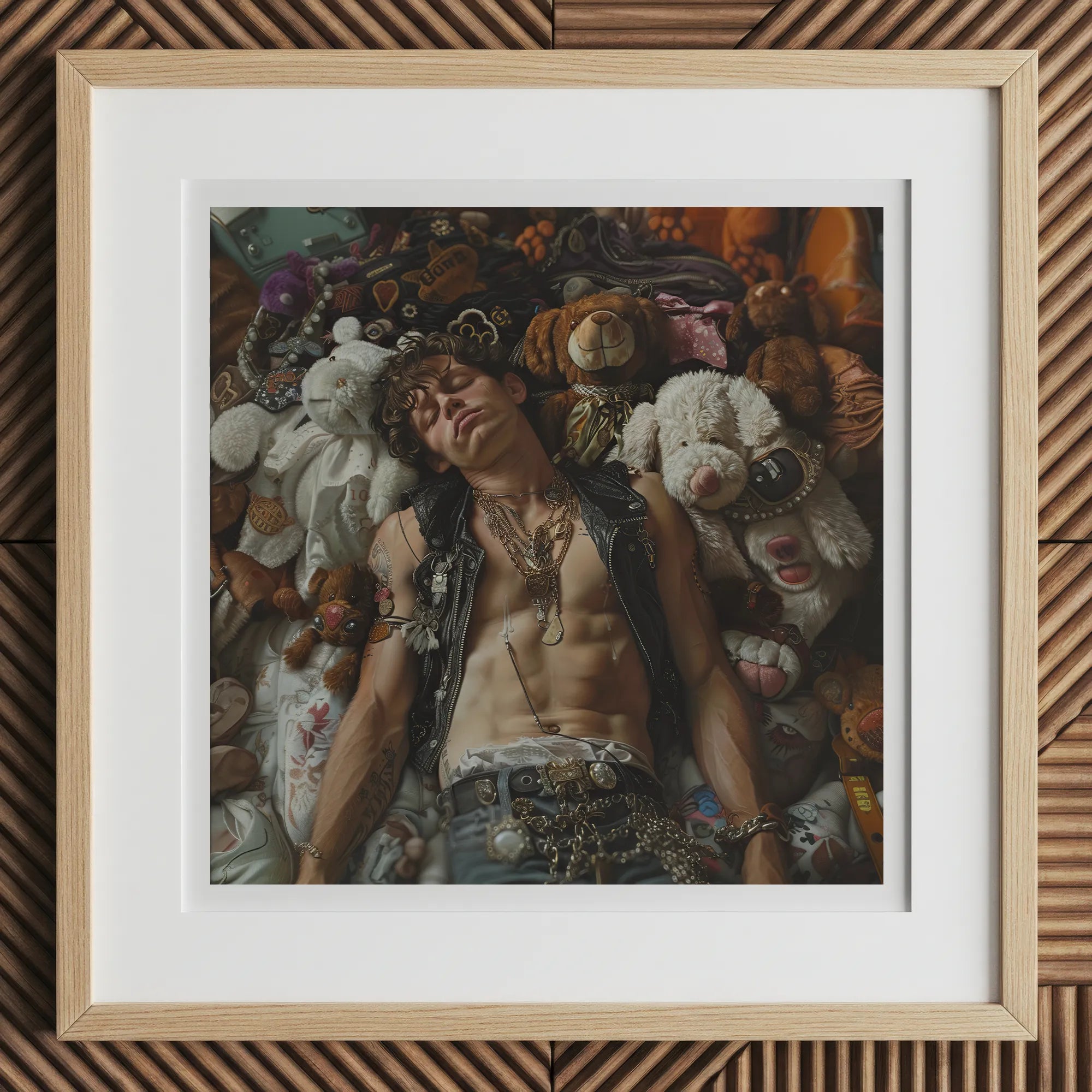 Suite Dreams - Trashy Queercore Punk Art Print, 12x12’’ / 31x31cm / Natural Frame / 2’’ Matboard, Framed Painting Person Amongst Stuffed