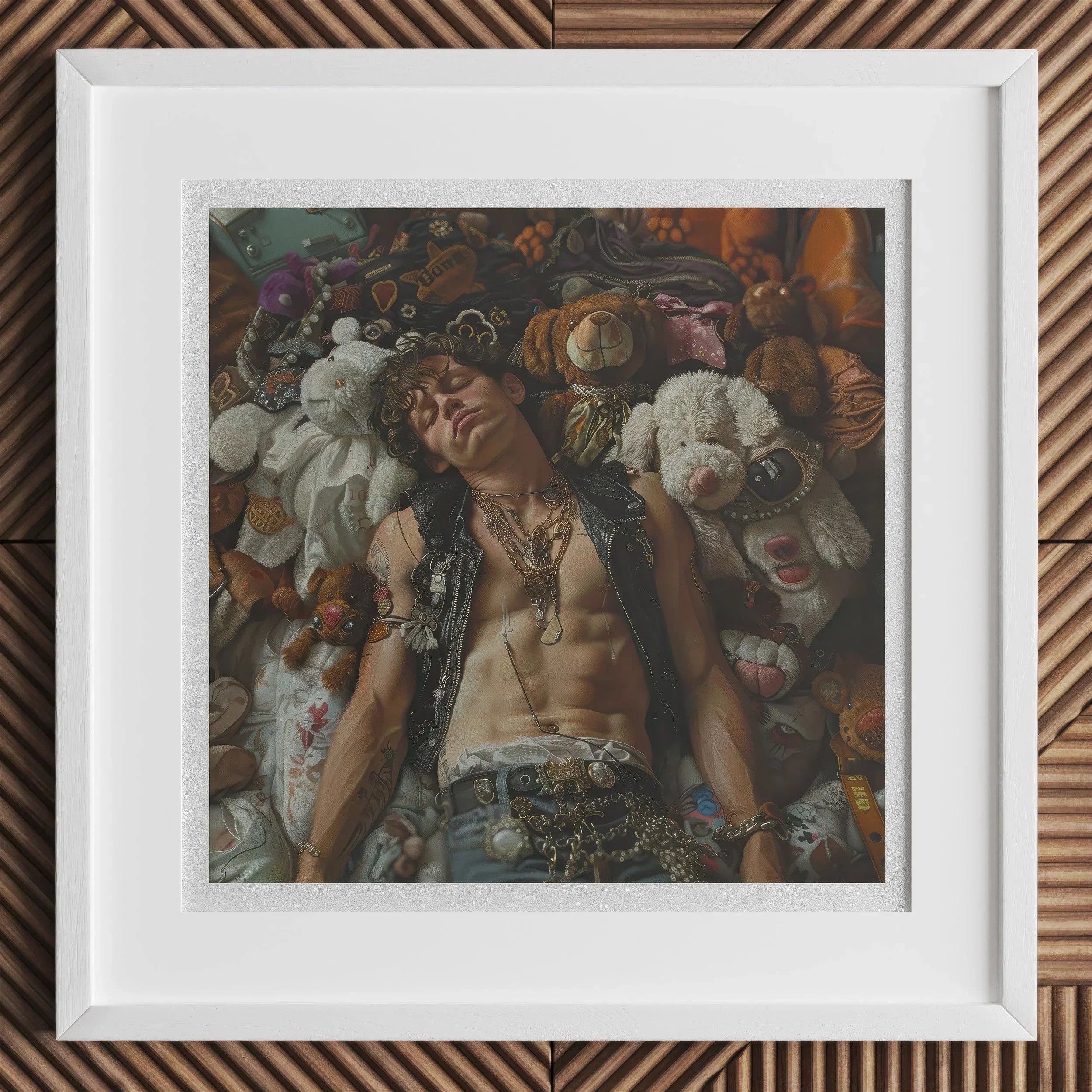 Suite Dreams - Trashy Queercore Punk Art Print, 12x12’’ / 31x31cm / White Frame, Framed Photograph Person Among Stuffed Animals Toys