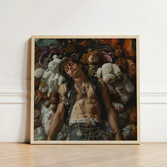 Framed Art Print Man Leather Attire Surrounded Stuffed Trashy Queercore Gay, Punk