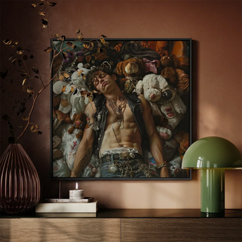 Suite Dreams - Trashy Queercore Punk Art Print / Canvas Framed Canvas Print Man Among Stuffed Animals Rich Trashy Queercore Gay, Gay Punk,