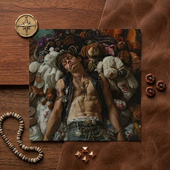 Suite Dreams - Trashy Queercore Punk Art Print / Canvas Square Album Cover Man Among Stuffed Animals Black Trashy Queercore Gay, Gay Punk,